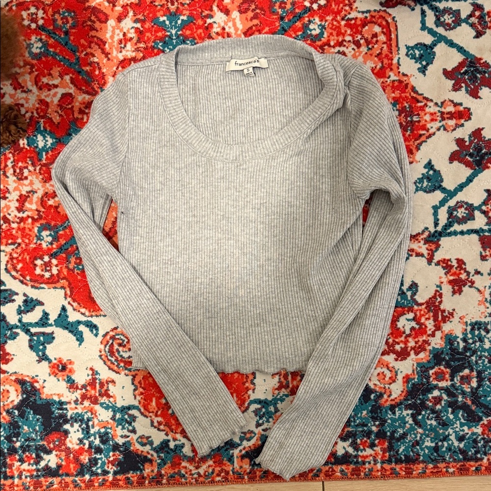 Francesca's Collections Heather Gray Ribbed Scoop Neck Sweater